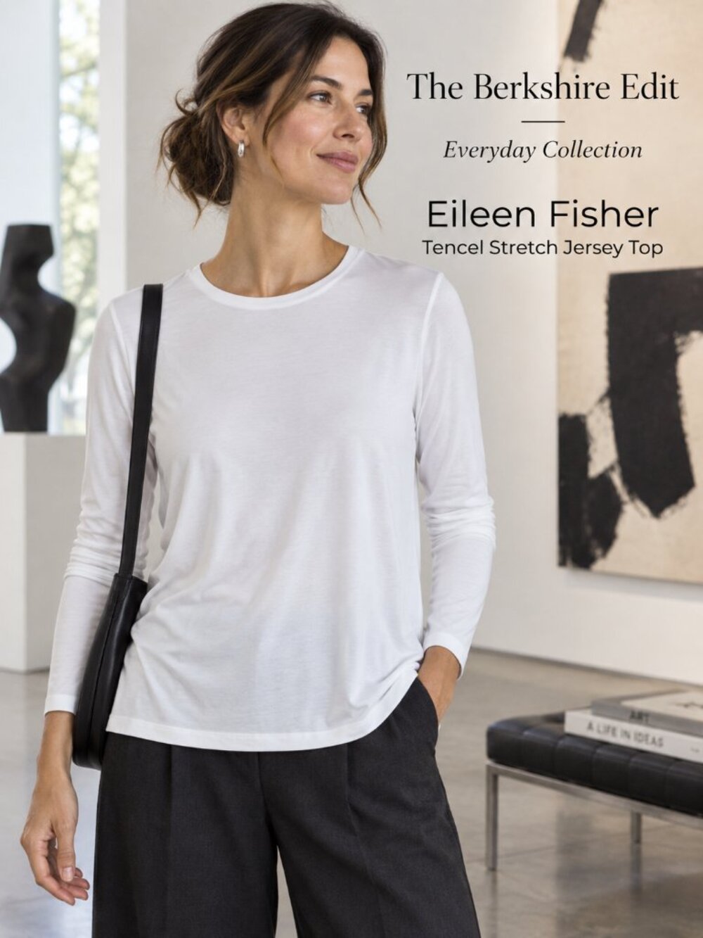 Eileen Fisher PS White Tencel Lyocell Stretch Long Sleeve Crew Neck Top